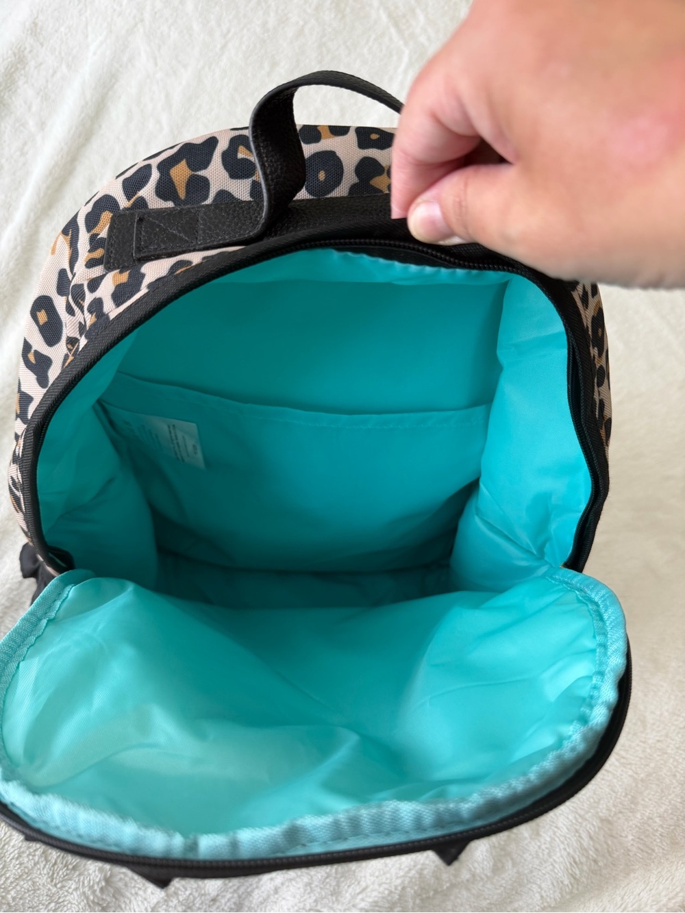 NWOT Posh Peanut Leopard Print Ruffle Diaper Backpack Bag w/ Black & Teal Accent - Picture 2 of 4